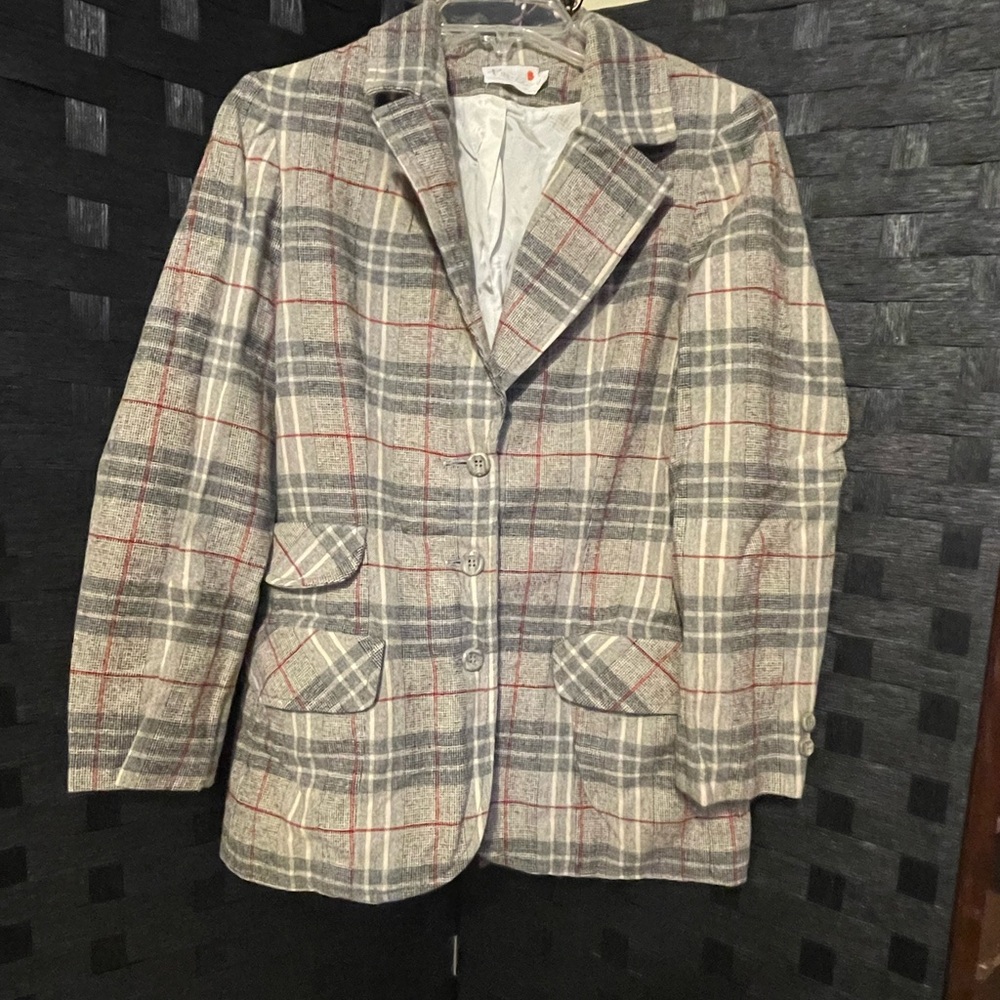 Vintage Leslie Fay Blazer Womens Sz 8 Gray Plaid Preppy Mod That Girl 70’s